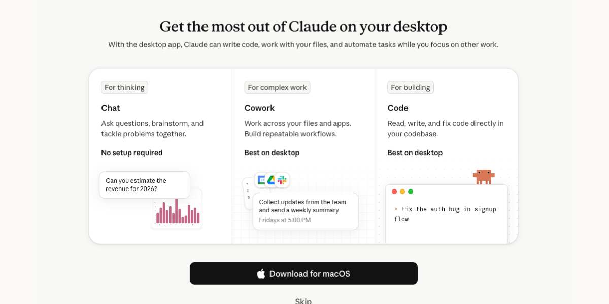 Claude Desktop's three modes: Chat for thinking, Cowork for complex work, and Code for building.