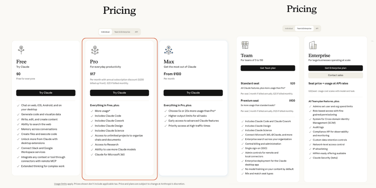 Claude's plans — Free, Pro, and Max for individuals; Team and Enterprise for organizations.
