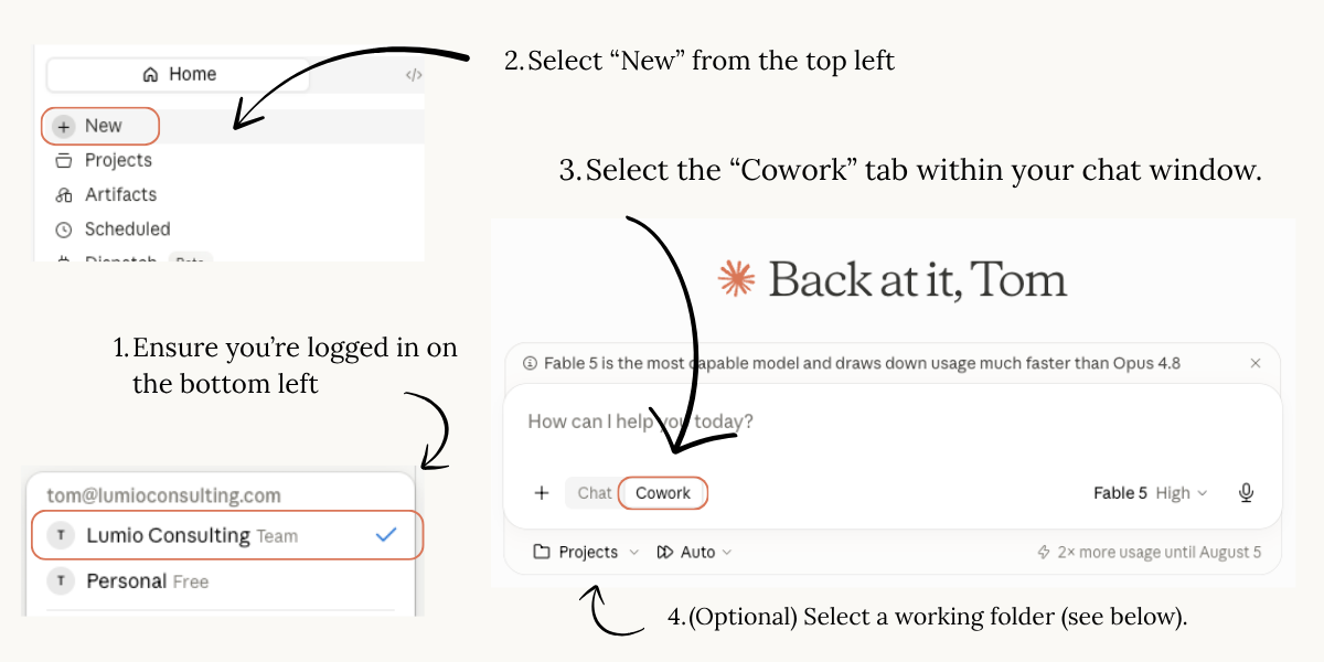 Getting started in Cowork: log in at the bottom left, click New, select the Cowork tab, and optionally attach a working folder.
