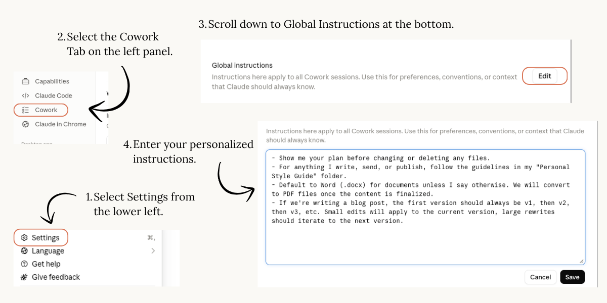 Setting your Global Instructions under Settings > Cowork.