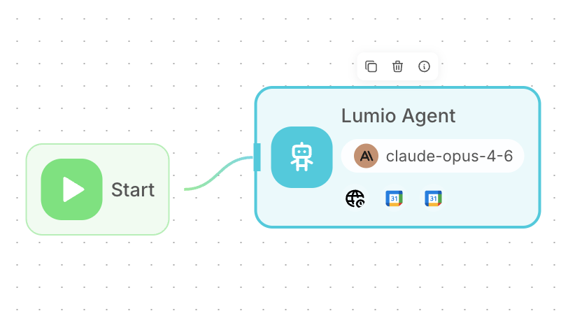 Simplified Lumio chatbot architecture in Flowise — a single Claude Opus 4.6 agent connected to a Start trigger, with built-in web search and Google Calendar tools. No vector store, no separate RAG pipeline.